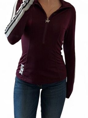 Half-Zip Long-Sleeve Athletic Top in Burgundy with Stripe Detail